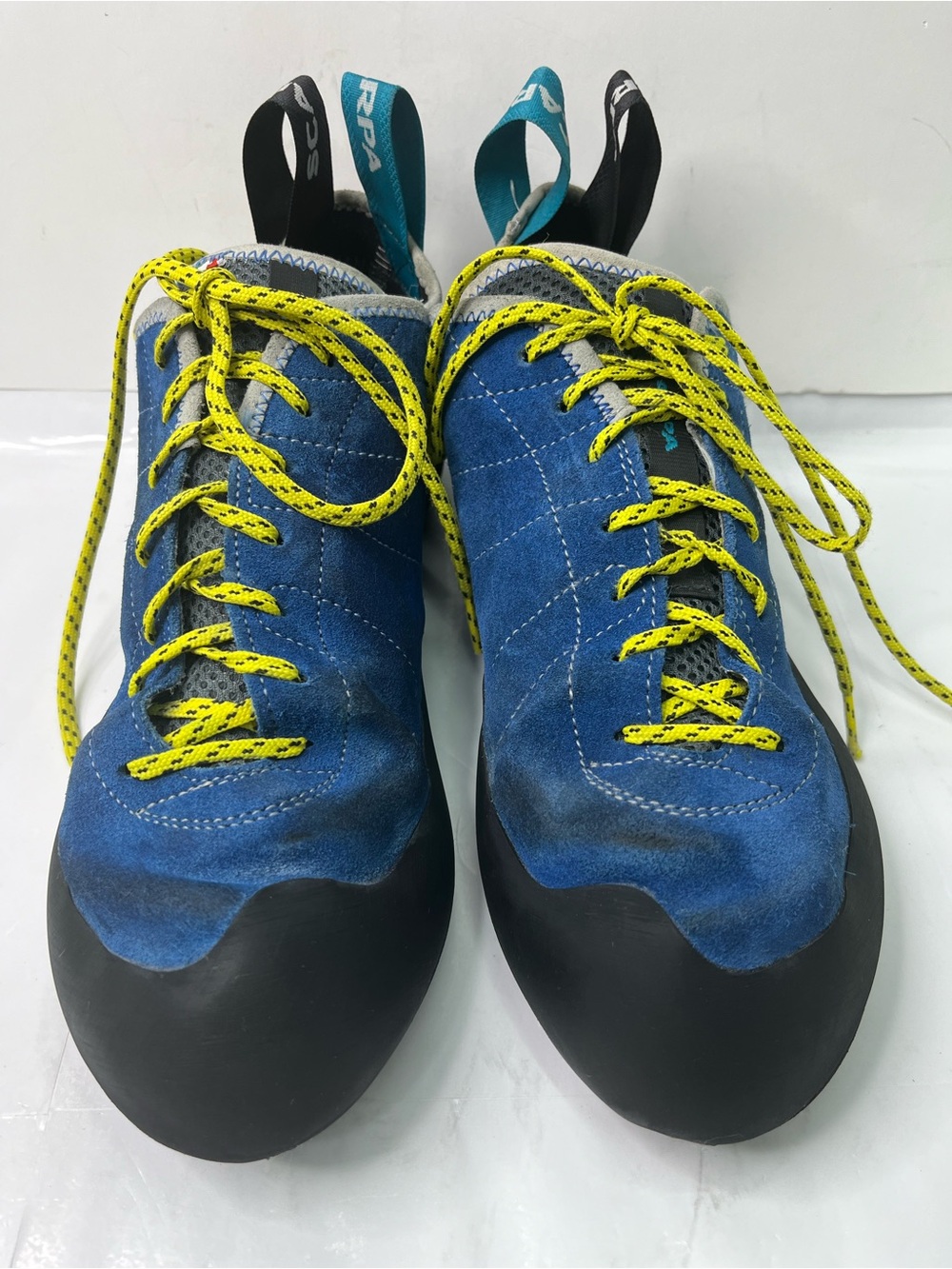 Scarpa Blue Climbing Shoe with Yellow Accents